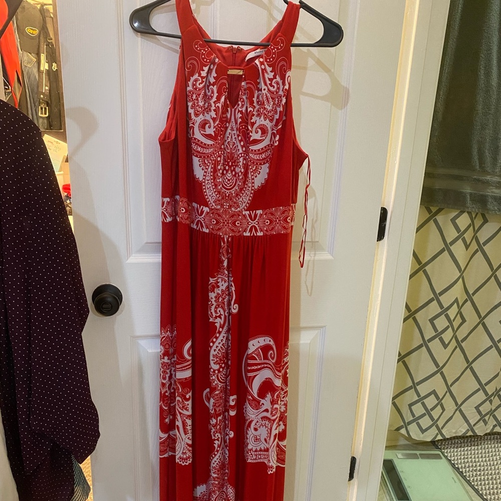 Red and white maxi dress